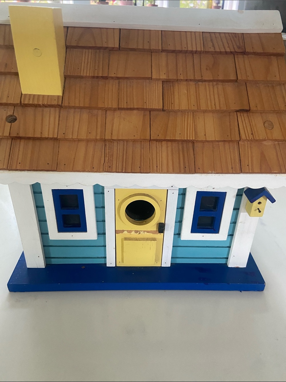 Hand-Painted Wooden Birdhouse in Yellow, Blue, and Natural Wood